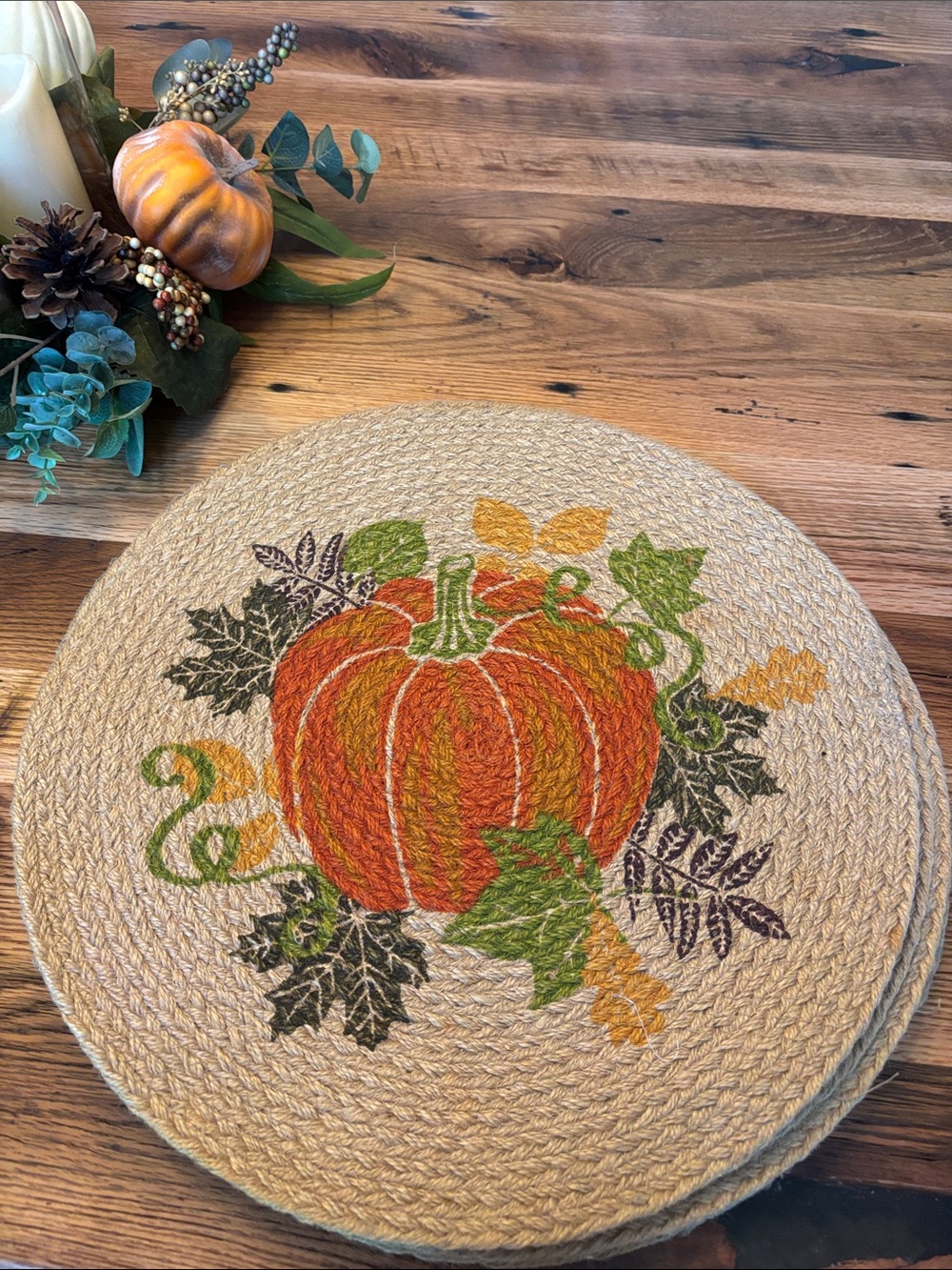 Autumn Pumpkin Braided Jute Table Mat - Neutral & Orange Fall Decors
